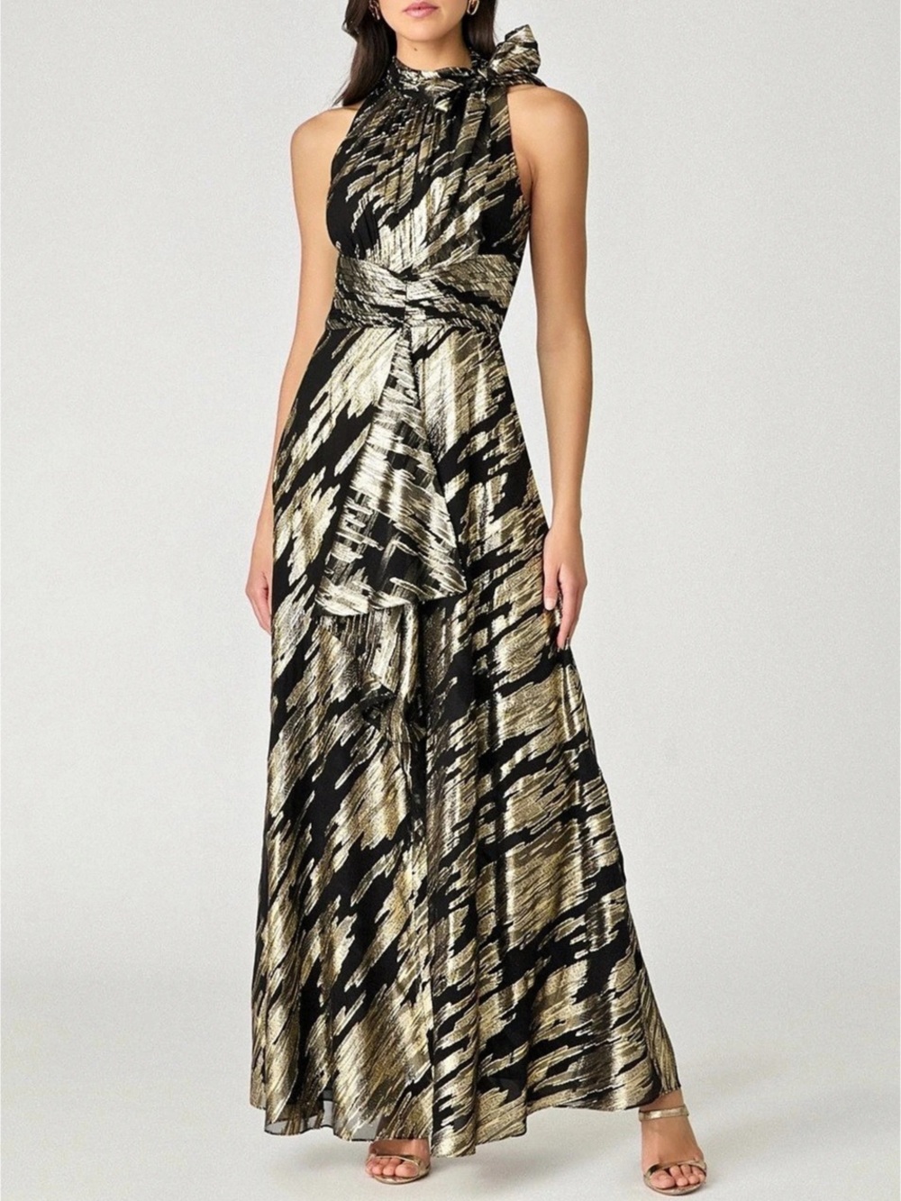 Shoshanna Faye Metallic Maxi Dress Black & Gold Size 8